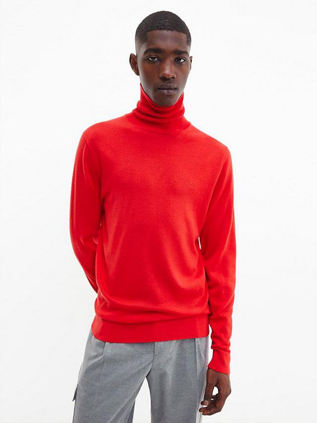 Calvin Klein USA Merino Wool Roll Neck Jumper Mens Sweater Red 2413785-LB